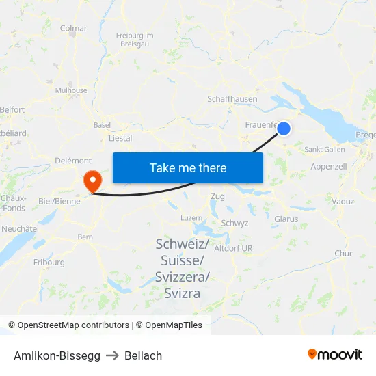 Amlikon-Bissegg to Bellach map