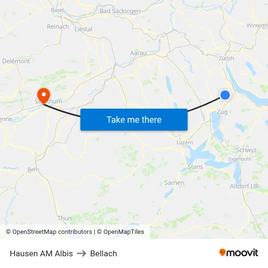 Hausen AM Albis to Bellach map