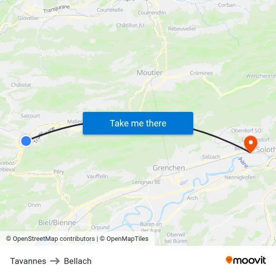 Tavannes to Bellach map