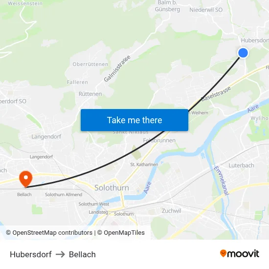 Hubersdorf to Bellach map