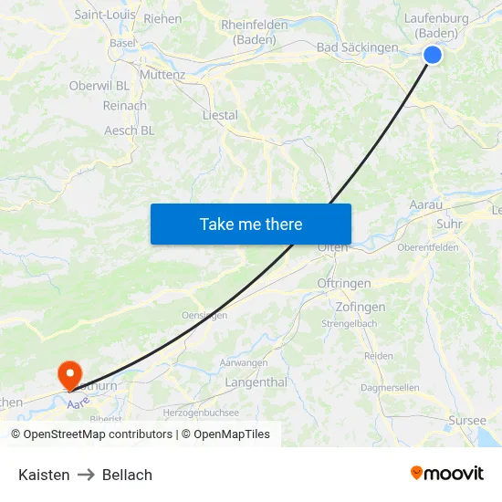 Kaisten to Bellach map
