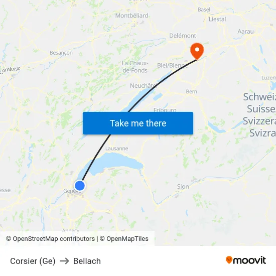 Corsier (Ge) to Bellach map