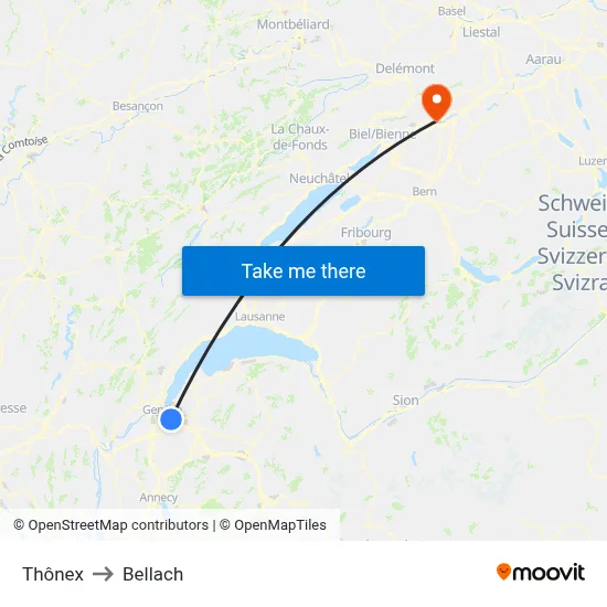Thônex to Bellach map