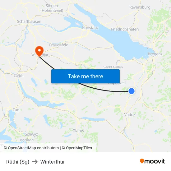 Rüthi (Sg) to Winterthur map