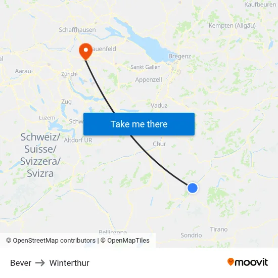 Bever to Winterthur map