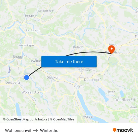 Wohlenschwil to Winterthur map