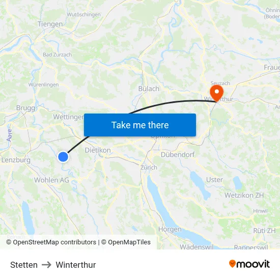 Stetten to Winterthur map