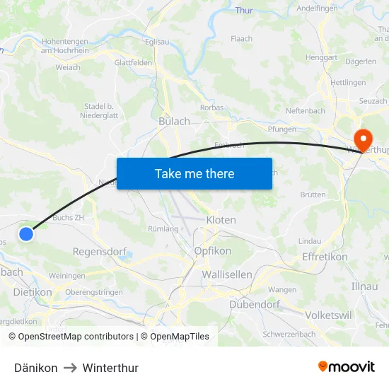 Dänikon to Winterthur map