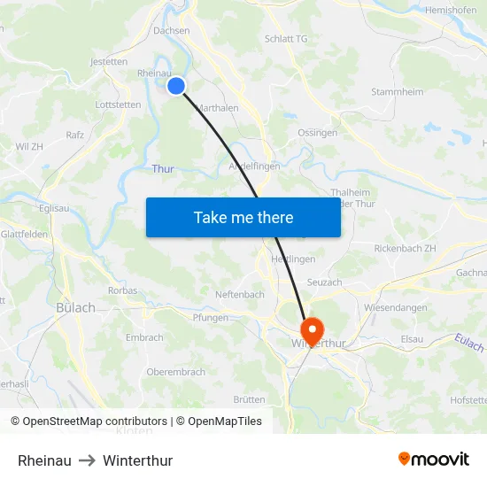 Rheinau to Winterthur map