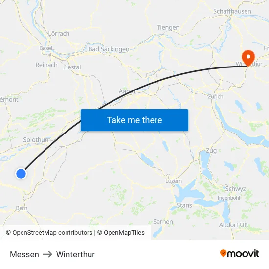 Messen to Winterthur map
