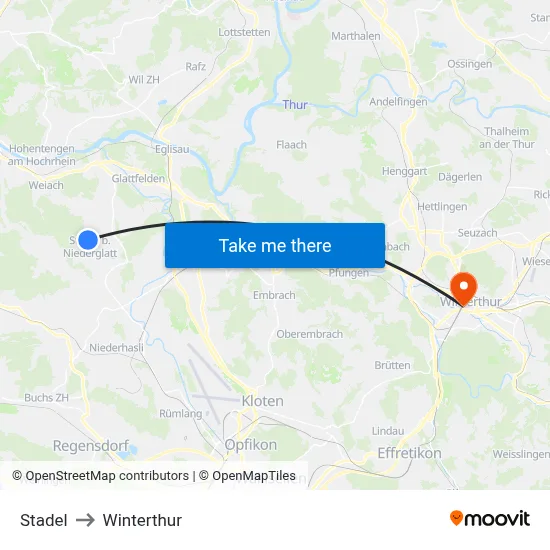 Stadel to Winterthur map