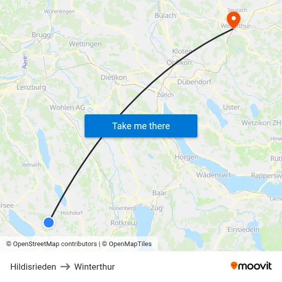 Hildisrieden to Winterthur map