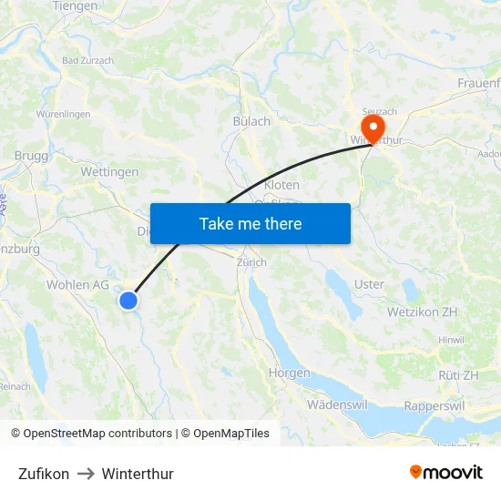 Zufikon to Winterthur map