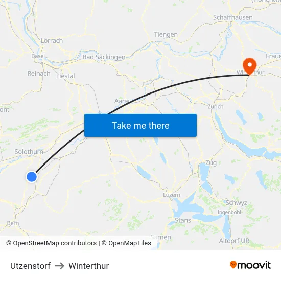 Utzenstorf to Winterthur map