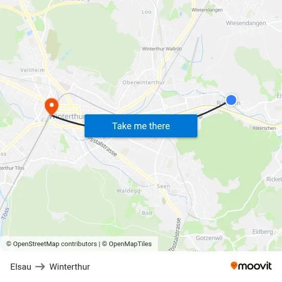 Elsau to Winterthur map