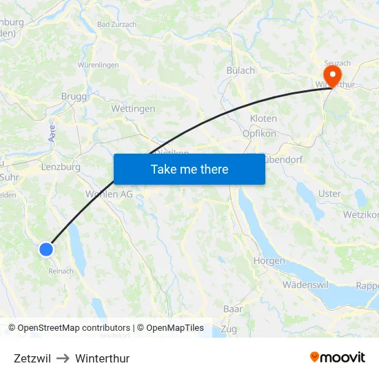 Zetzwil to Winterthur map