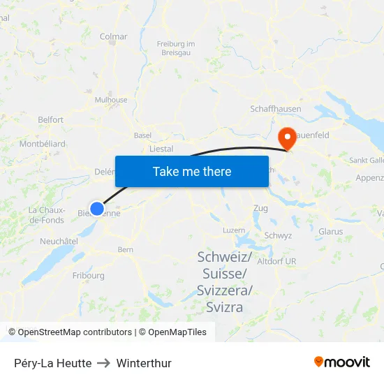 Péry-La Heutte to Winterthur map