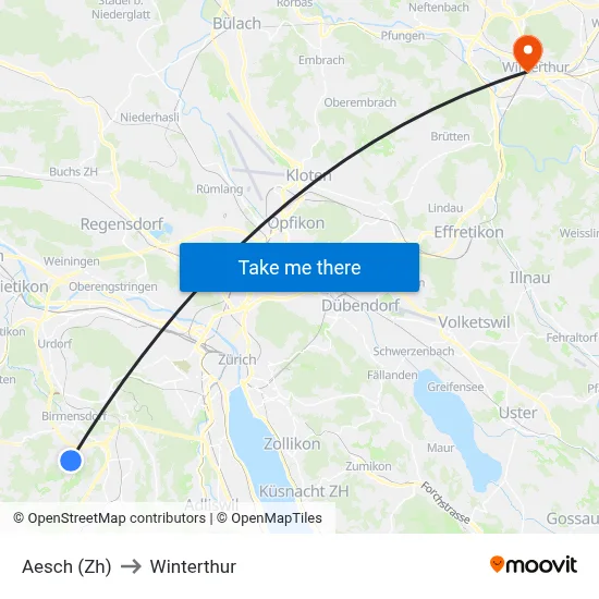 Aesch (Zh) to Winterthur map