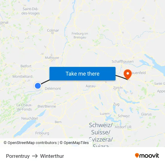 Porrentruy to Winterthur map