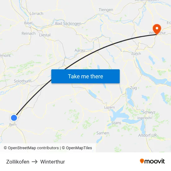 Zollikofen to Winterthur map