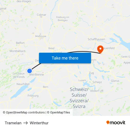 Tramelan to Winterthur map