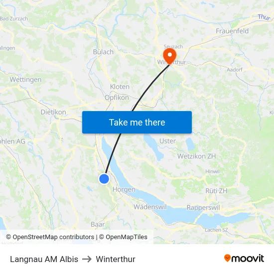 Langnau AM Albis to Winterthur map