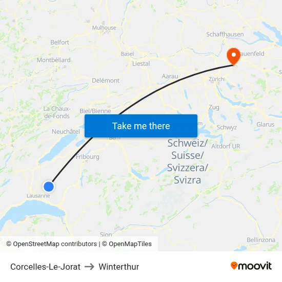 Corcelles-Le-Jorat to Winterthur map
