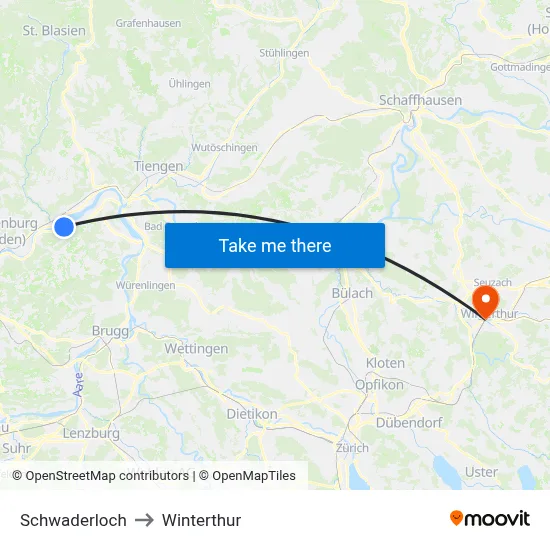 Schwaderloch to Winterthur map