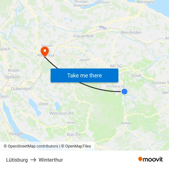 Lütisburg to Winterthur map