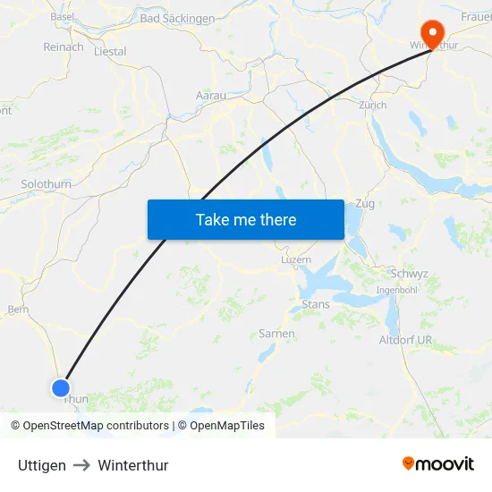 Uttigen to Winterthur map