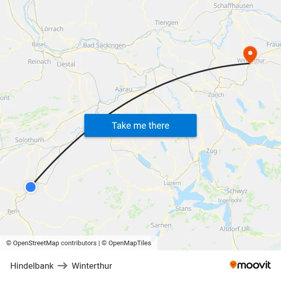 Hindelbank to Winterthur map
