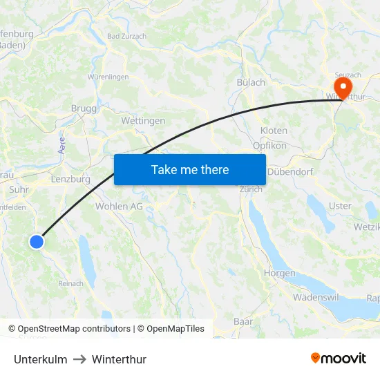 Unterkulm to Winterthur map