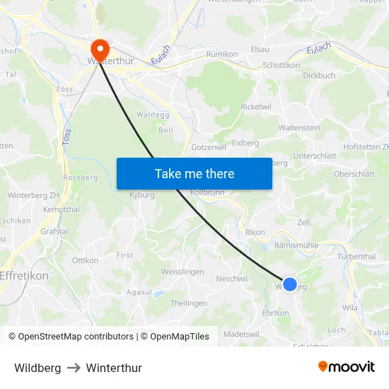 Wildberg to Winterthur map