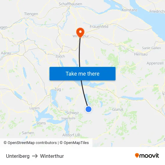 Unteriberg to Winterthur map