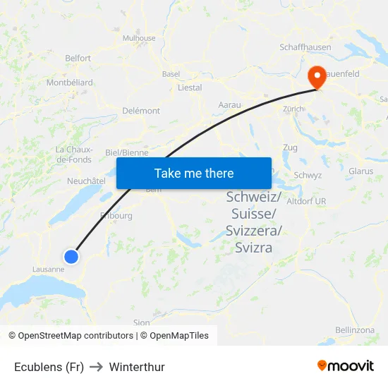 Ecublens (Fr) to Winterthur map