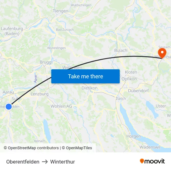 Oberentfelden to Winterthur map