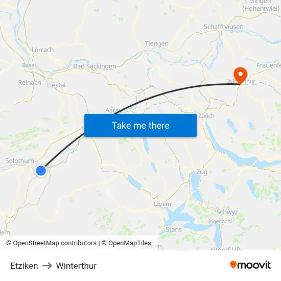 Etziken to Winterthur map