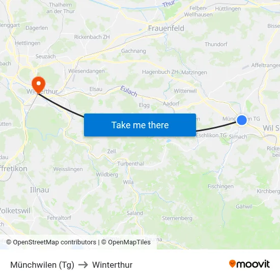 Münchwilen (Tg) to Winterthur map