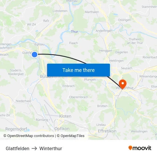 Glattfelden to Winterthur map