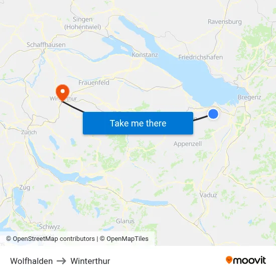 Wolfhalden to Winterthur map