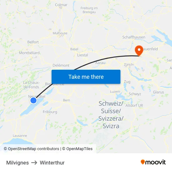 Milvignes to Winterthur map