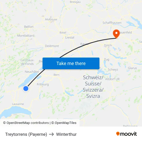 Treytorrens (Payerne) to Winterthur map