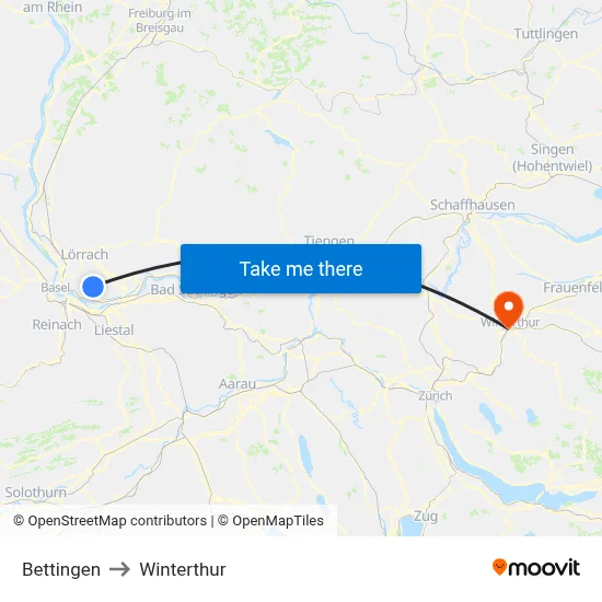 Bettingen to Winterthur map