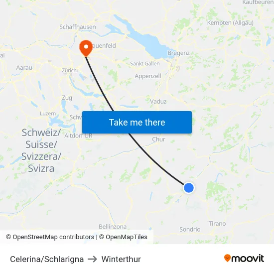 Celerina/Schlarigna to Winterthur map