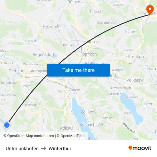 Unterlunkhofen to Winterthur map