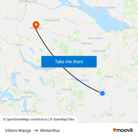 Vilters-Wangs to Winterthur map