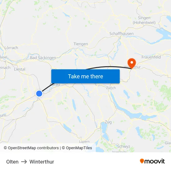 Olten to Winterthur map