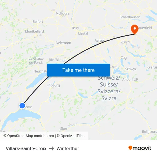 Villars-Sainte-Croix to Winterthur map