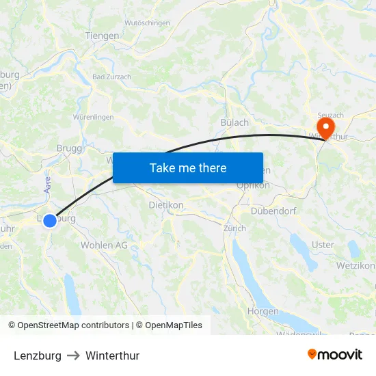 Lenzburg to Winterthur map