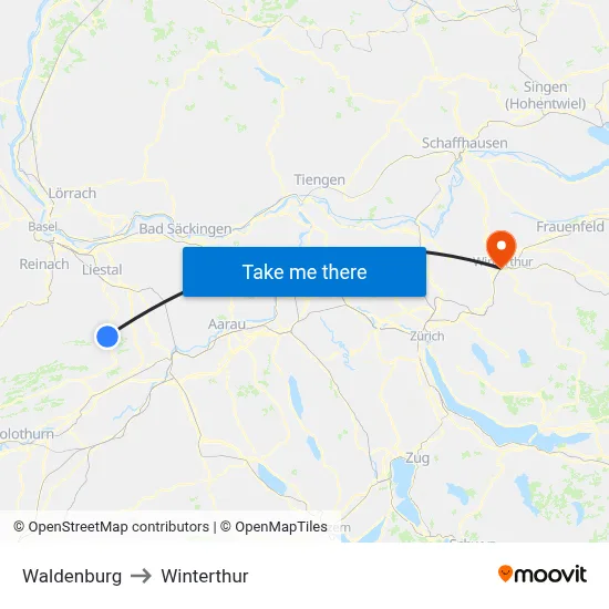 Waldenburg to Winterthur map
